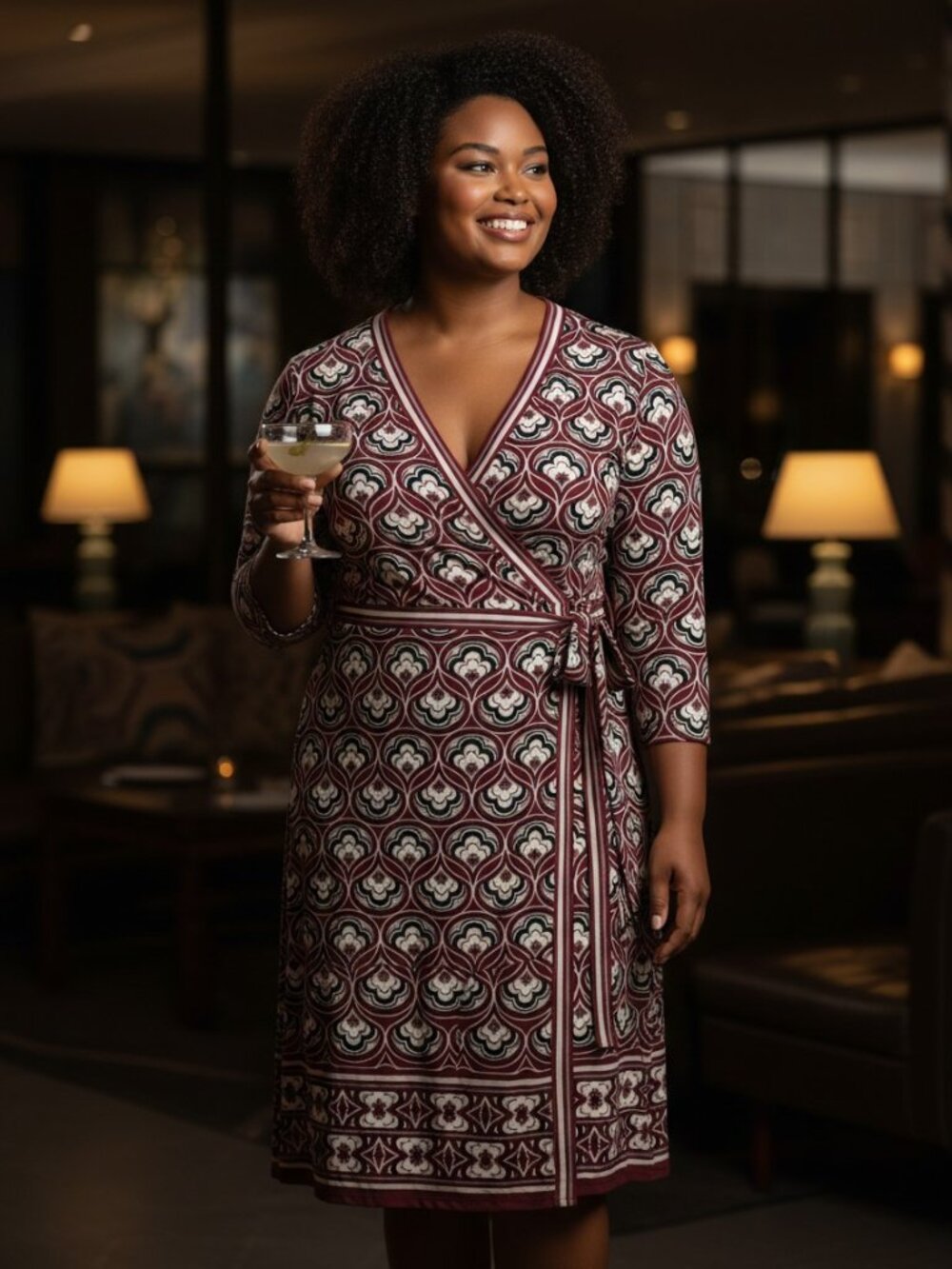 Max Studio Wrap Dress Womens Large Burgundy Geometric Floral 3/4 Sleeve